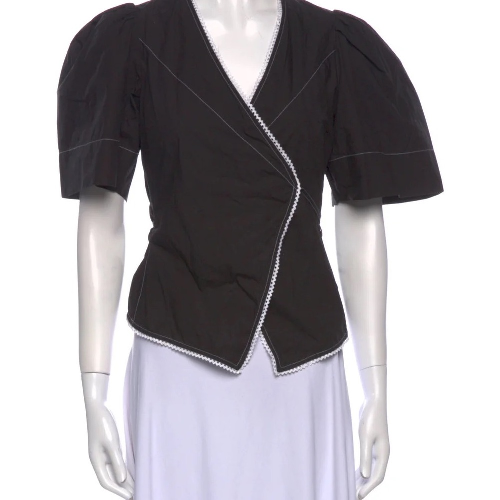 Ganni Black Top with White Lace Detail